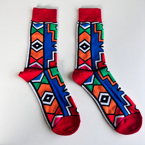 Red Ndebele Charm: African Print Socks with Traditional Inspiration - smc collection
