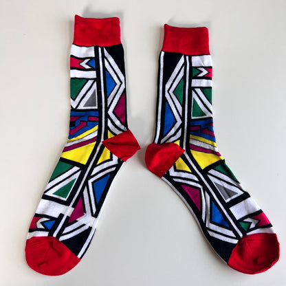 Bold Red and White Ndebele Fusion: African Print Socks with Traditional Inspiration - smc collection